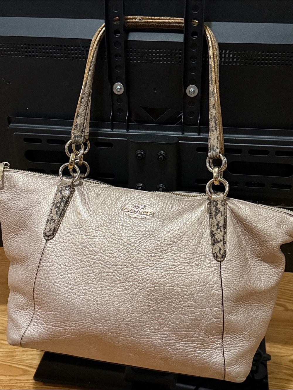 Coach Metallic Rose Leather Shoulder Tote with Snakeskin-Print Handles